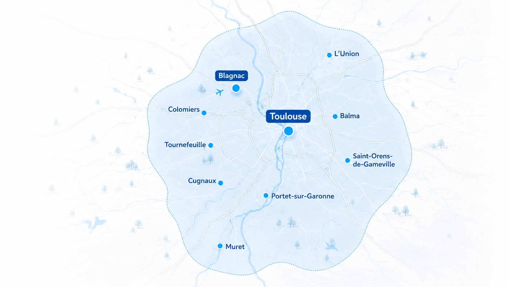 Carte des zones d’intervention de White Net à Toulouse, Blagnac, Colomiers, Tournefeuille, Balma, L’Union, Saint-Orens-de-Gameville, Cugnaux, Portet-sur-Garonne et Muret.